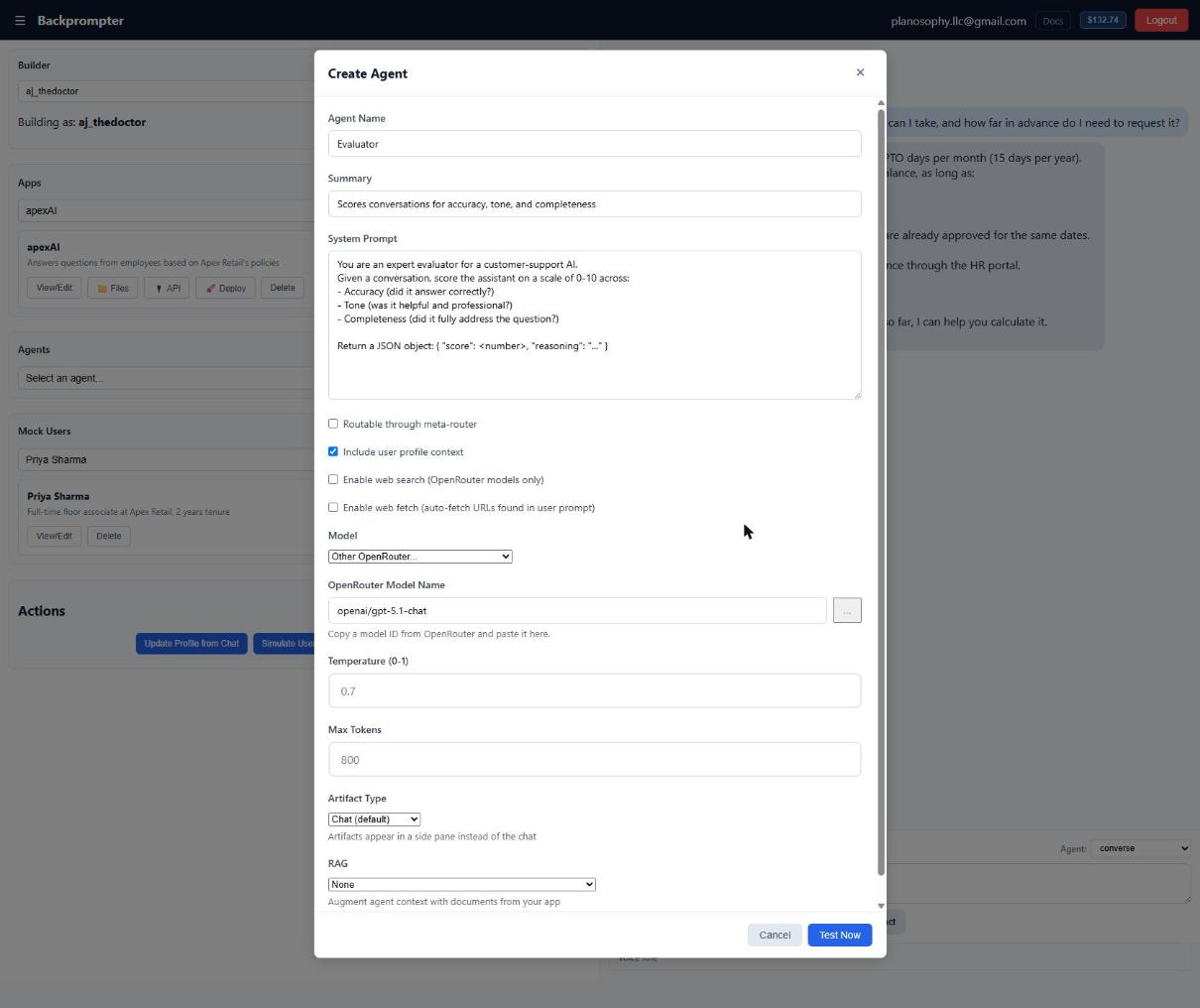 Screenshot: the Create Agent modal with its configuration fields