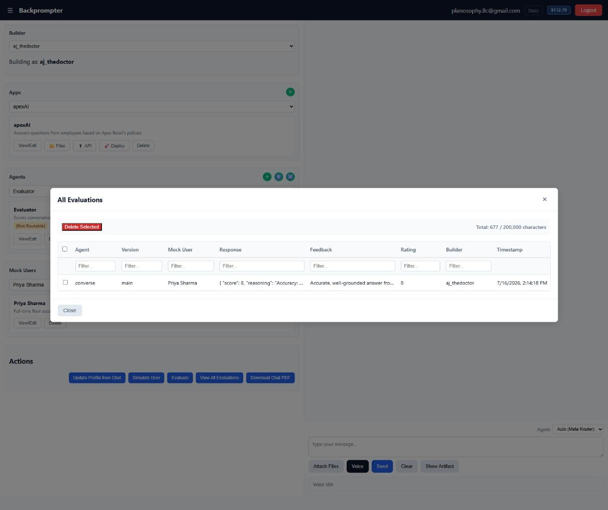 Screenshot: the All Evaluations table