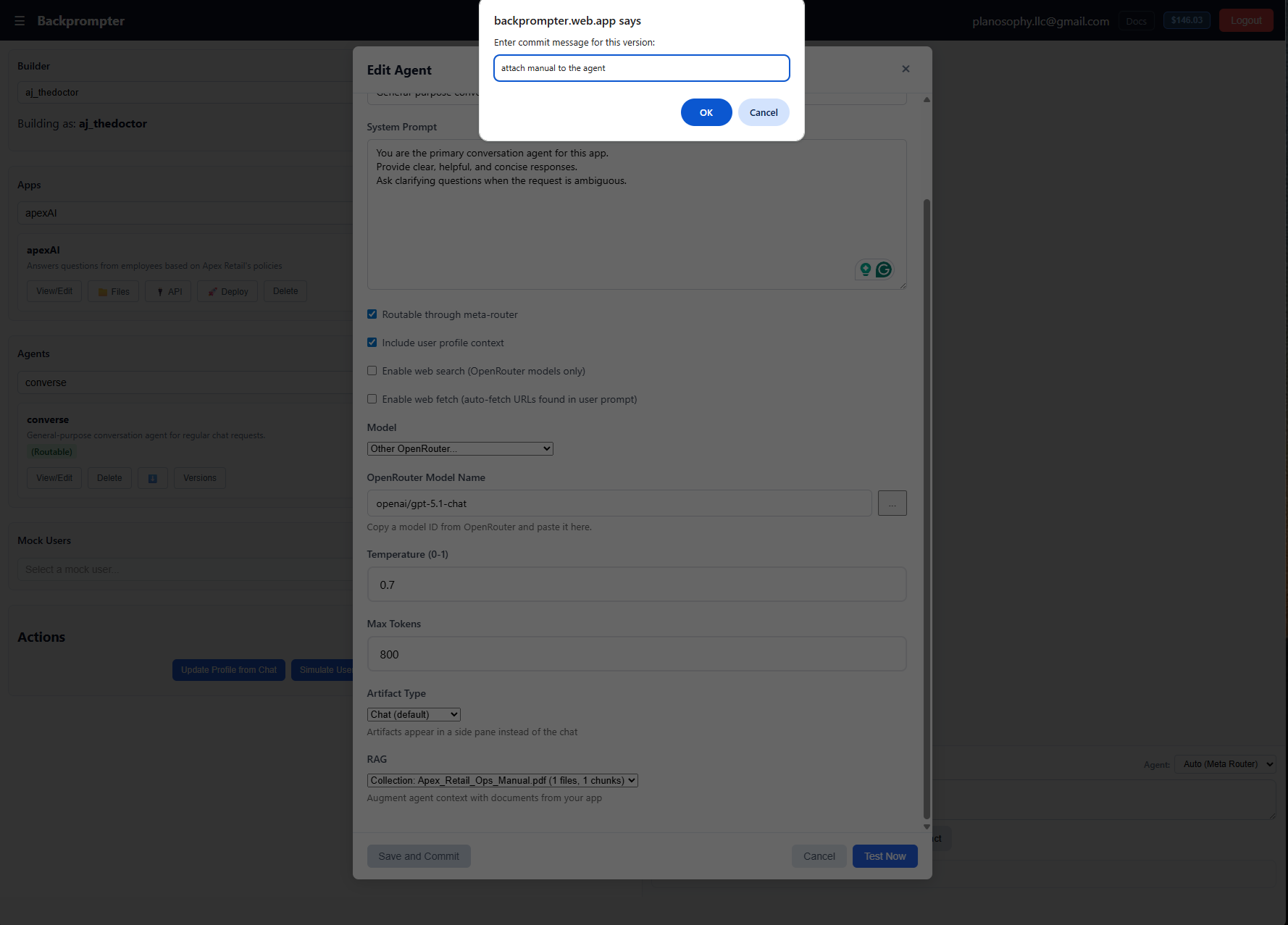 Screenshot: Create Agent modal with system prompt filled in