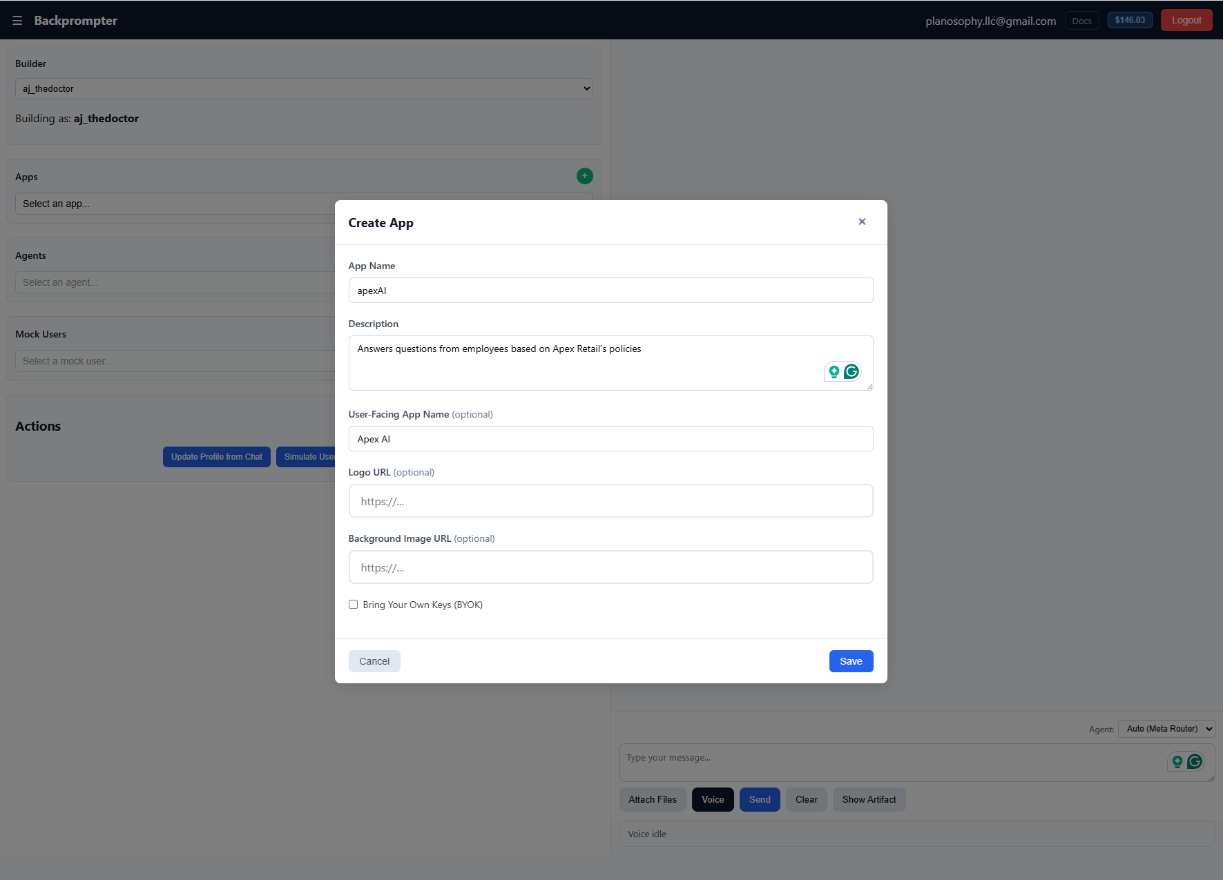 Create an app and agent in Backprompter