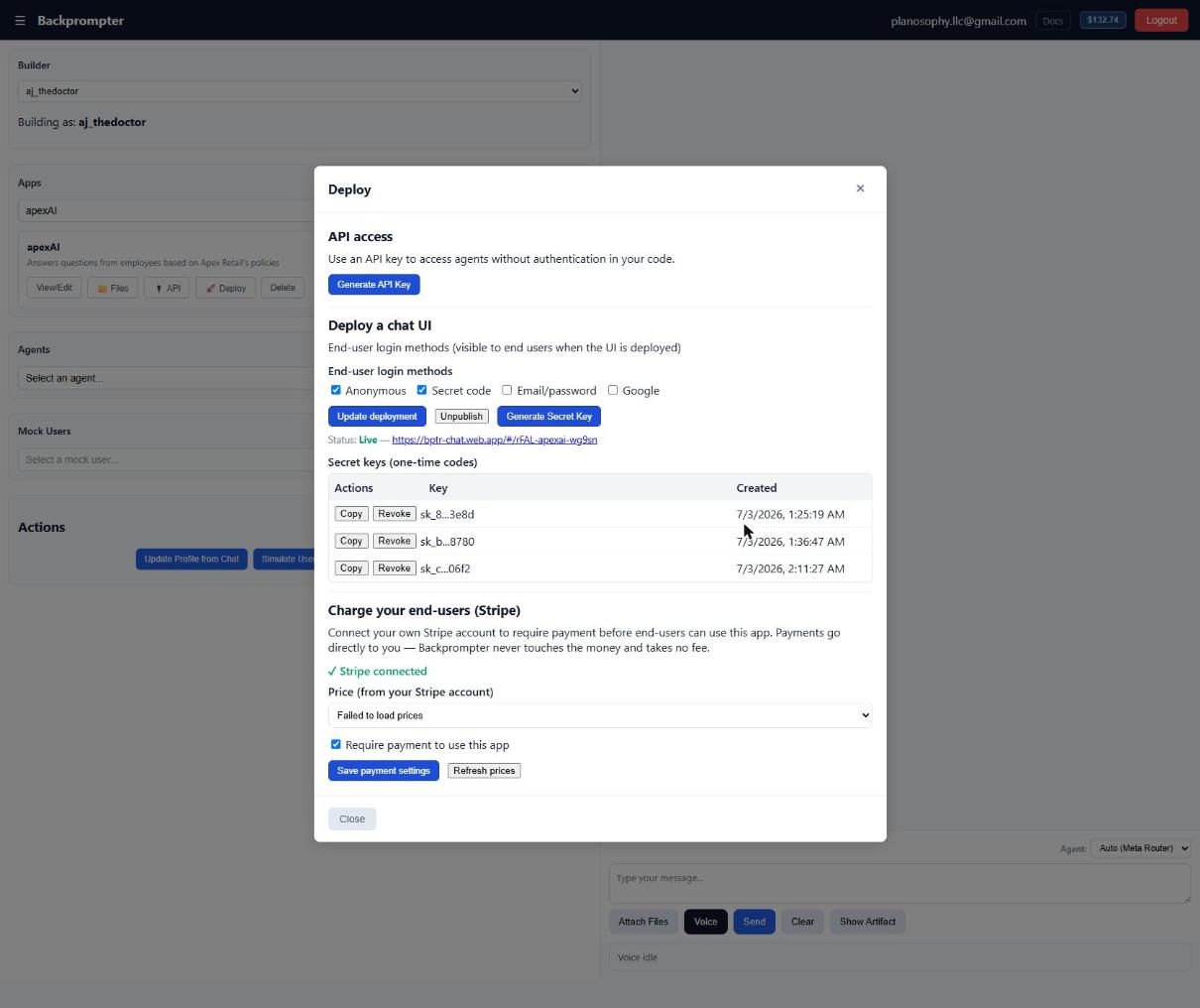 Screenshot: the Deploy modal showing the secret keys table with Copy/Revoke actions