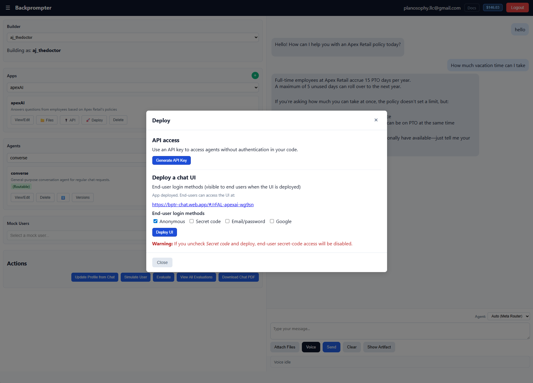 Screenshot: Deploy modal showing API access and the chat UI deployment section