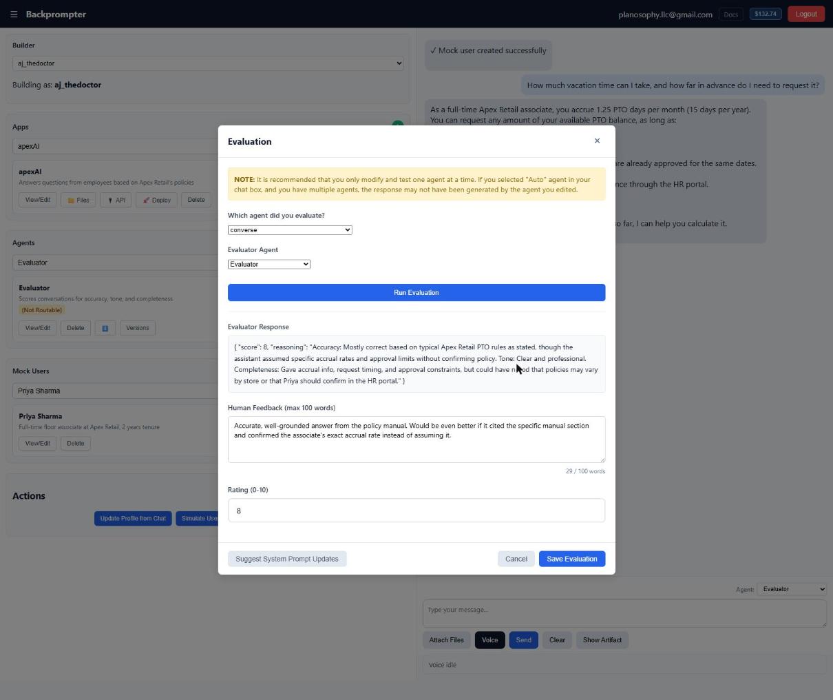 Screenshot: the Evaluation modal with the evaluator's score and reasoning populated