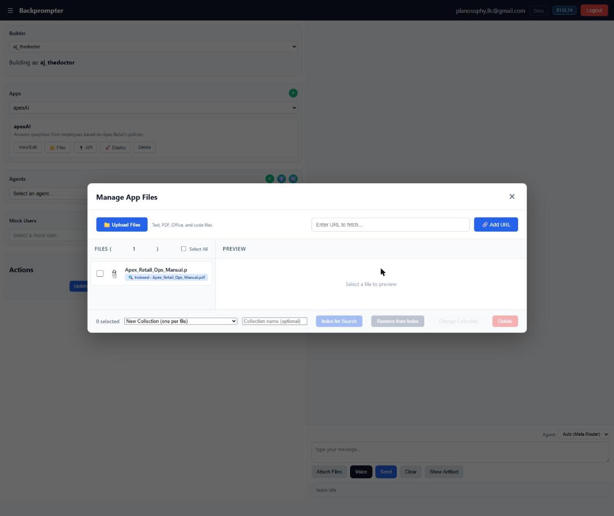 Screenshot: the Manage App Files modal with an indexed collection