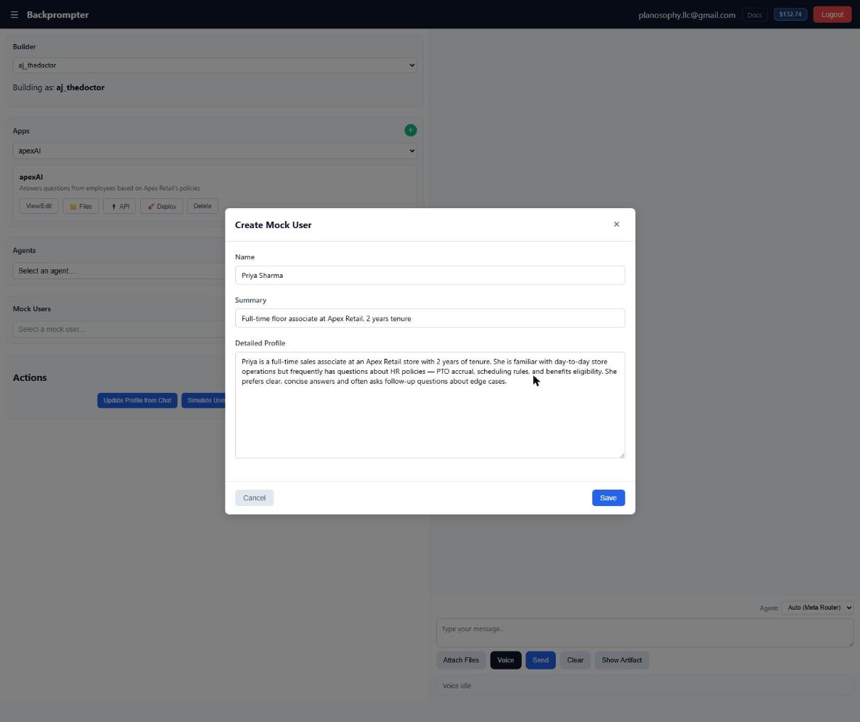 Screenshot: the Create Mock User modal