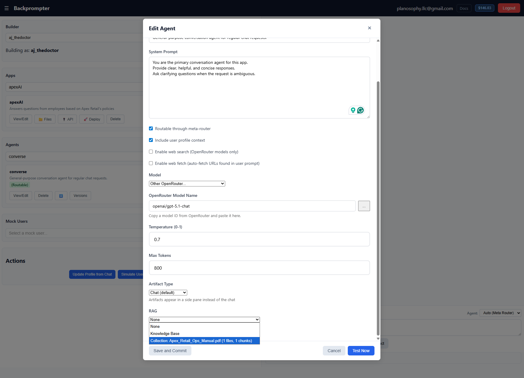Screenshot: Create Agent modal with system prompt filled in