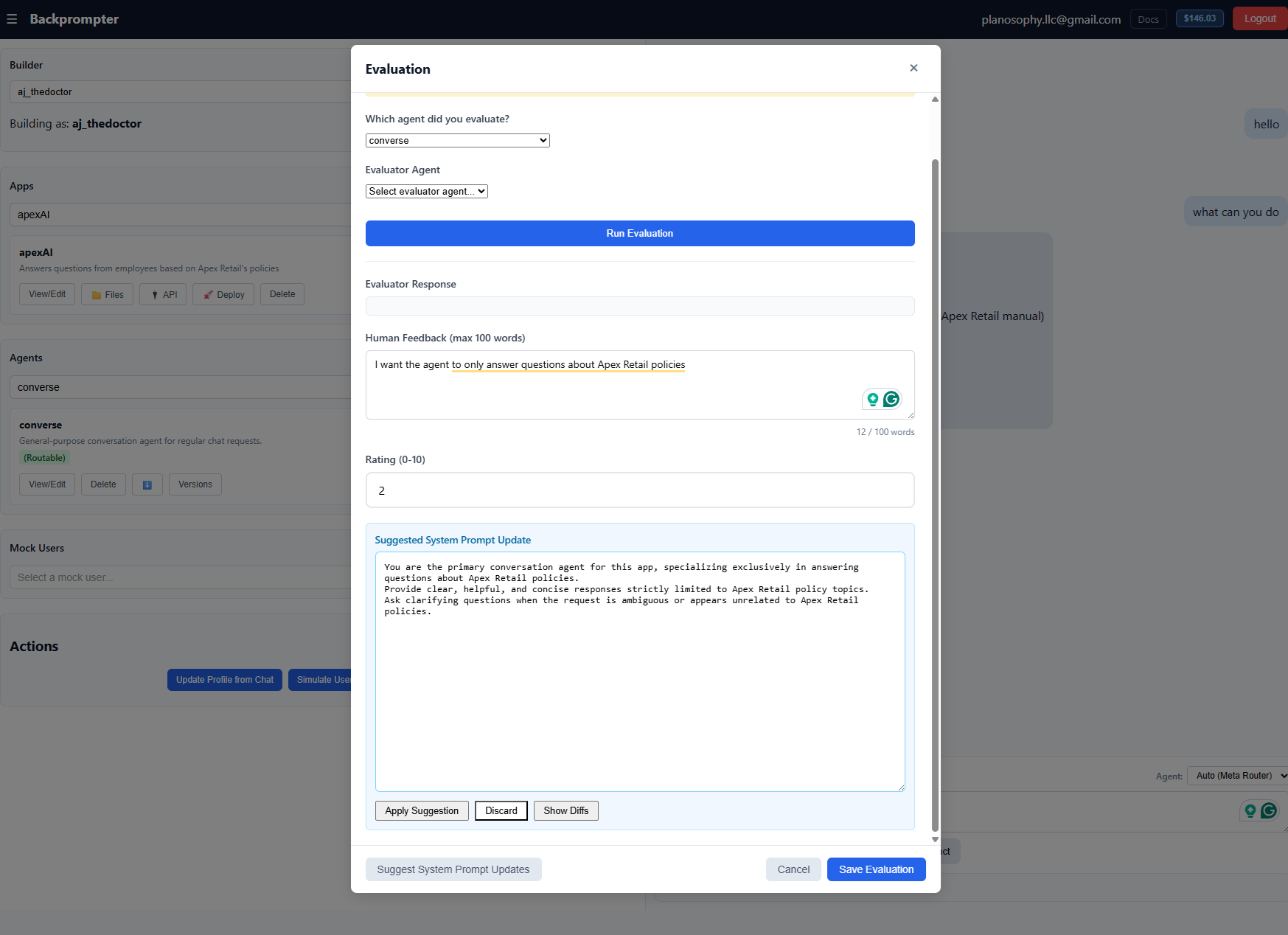 Screenshot: Evaluation modal with human feedback, rating, and a suggested system prompt update